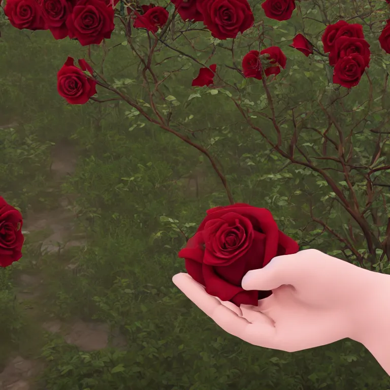 Prompt: a drop of blood fell from the finger of the hand and falls down a bush with roses, unreal engine, hyper realism, high detailed, 8k,