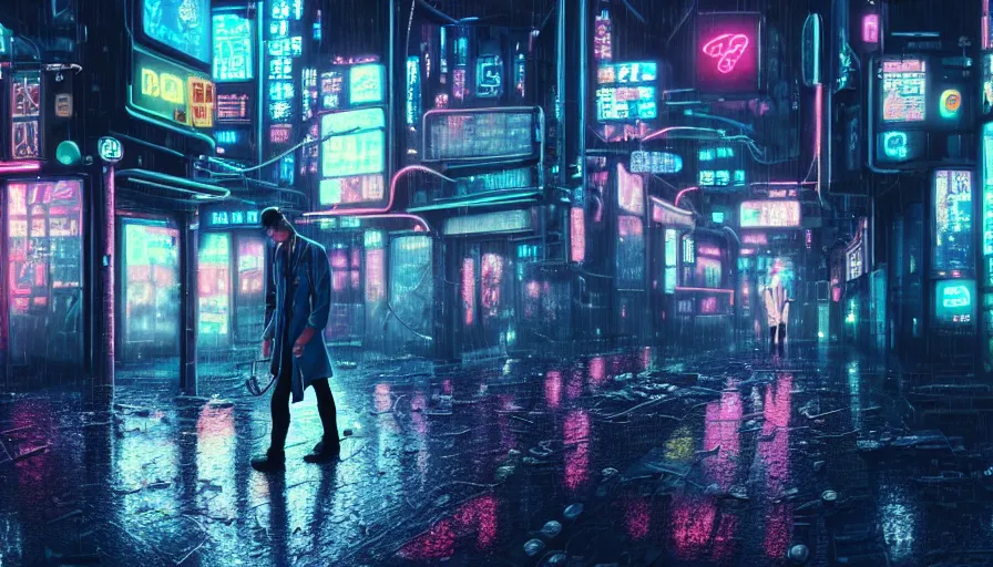 Image similar to highly detailed doctor with a prosthesis carries a body through an empty neon city, cyberpunk, rain, night, cyberpunk futuristic neon hyperrealism, detailed and intricate environment