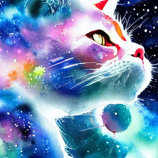 Prompt: cat, virus, antibodies, virus, antibodies in space. watercolor. vibrant. amazing painting. high resolution. highly realistic. cool tones. close - up. 8 k. trending on artstation.