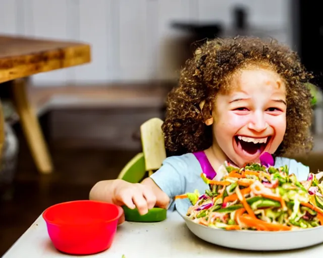 Prompt: Child happily eating vegetable slaw, tasty sliced chopped veggie dish, award-winning photograph!