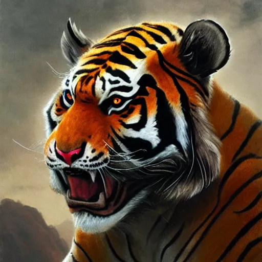 Image similar to head and shoulders portrait of a tiger rakshasa, d & d, fantasy, greg rutkowski, frank frazetta, alexandre chaudret, boris vallejo, michael whelan, miro petrov, hr giger, magali villeneuve, donato giancola