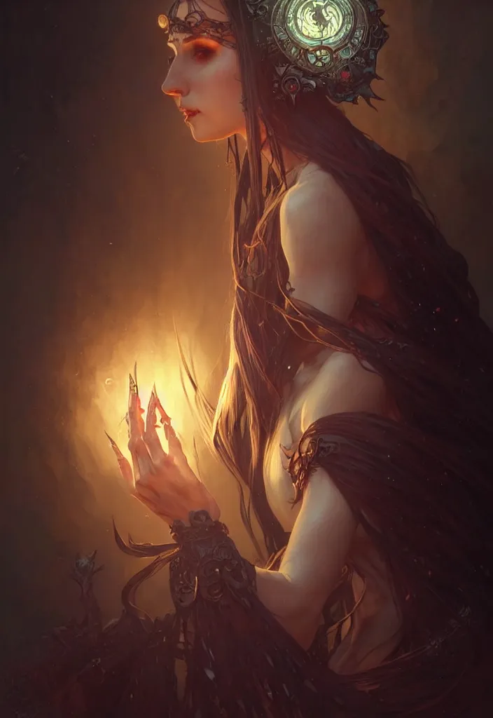 Image similar to Necromancer Sorceress, fantasy magic, undercut hairstyle, dark light night, intricate, elegant, sharp focus, illustration, highly detailed, digital painting, concept art, matte, art by WLOP and Artgerm and Greg Rutkowski and Alphonse Mucha, masterpiece