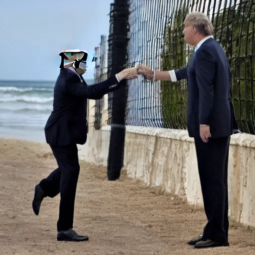 Image similar to a splinter cell tom Clancy operative scaling the fence at mar a lago to shake Donald trump's hand photo