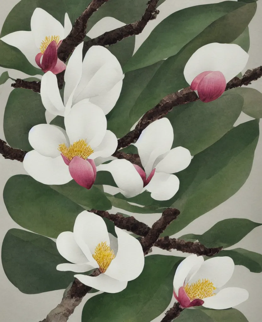 Image similar to japanese naturalist watercolor of magnolia sprig on white background. textbook.
