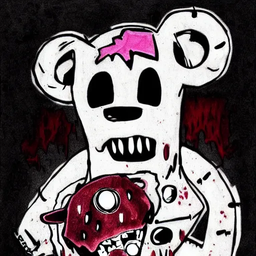 Image similar to grunge cartoon drawing of a teddy bear with bloody eyes by - invader zim, loony toons style, horror theme, detailed, elegant, intricate