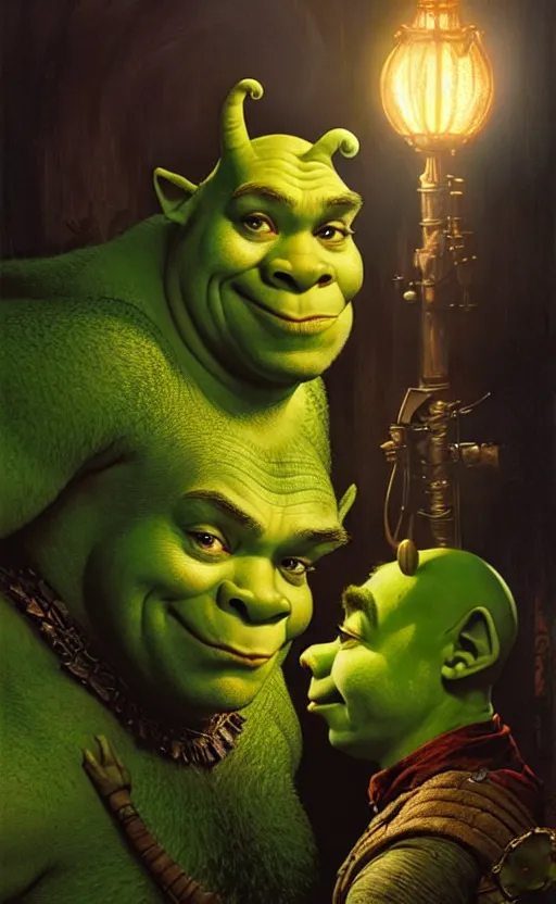 Image similar to shrek dragon gorgeous lighting by weta studio, mucha, bautista and norman rockwell and greg rutkowski and tom bagshaw and james gurney and lucasfilm