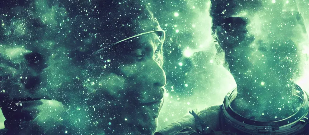 Prompt: extreme close up astronaut portrait, solemn face, double exposure trees, green [ [ [ crystal ] ] ] forest, amethyst, beautiful dynamic lighting, nebula sky, cinematic, wide angle establishing shot, extremely high detail, photo realistic, cinematic lighting, matte painting, interstellar, greg rutkowski, roger deakins