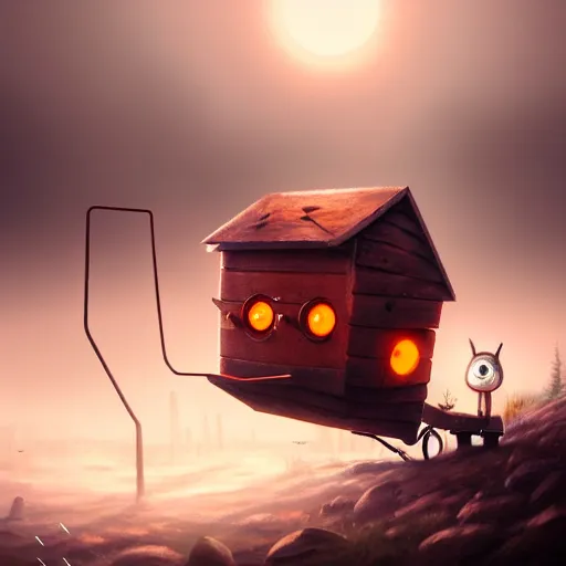Image similar to a walking small wood house with two mechanical legs and two glowing eyes and a mouth, rust, hyperrealistic, pareidolia, highly detailed, cinematic, single ray of sun, fog, city in background, beautiful, cgssociety, artstation, 8 k, oil painting