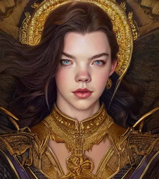 Image similar to Anya Taylor-Joy wearing gold, highly detailed, centered, digital painting, artstation, concept art, smooth, sharp focus, illustration, art by artgerm and donato giancola and Joseph Christian Leyendecker, Ross Tran, WLOP