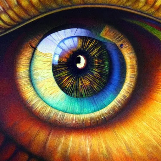 Prompt: hyperrealism photo - realistic lifelike photography photorealistic hyperrealism realistical close - up of an eyeball and inside the pupil is a mountain range landscape and scenery highly detailed ultra psychedelic by alex grey greg rutowski james gurney gustave dore michaelangelo davinci