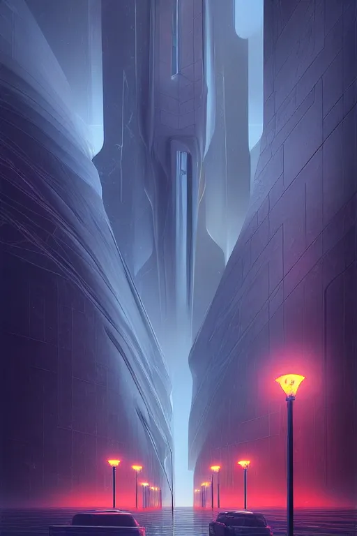 Image similar to emissary futuristic downtown with red street lamps, windows lit, marble, by tim blandin and arthur haas and bruce pennington and john schoenherr, cinematic matte painting, zaha hadid building, photo realism, dark moody color palate, blue hour stars, desolate glacial landscape,