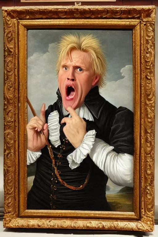 Image similar to a 1 6 0 0 s framed portrait painting of gary busey screaming, intricate, elegant, highly detailed