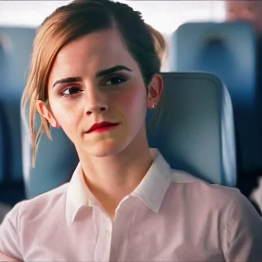 Image similar to emma watson, inside airplane, film still, instagram,