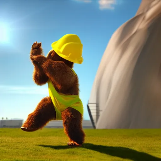 Image similar to dancing bear wearing a hardhat lit by sunlight, comical, hyperrealist octane lighting, trending on artstationhq and cgsociety