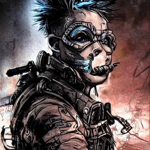 Image similar to a post-apocalyptic cyberpunk grimdarka bandit-raider leader in the style of leonard boyarsky in the style of Yoji Shinkawa detailed realistic HD 8k High Resolution