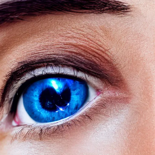 Prompt: solar system reflecting in beautiful blue eyes of young woman, close up, UHD, 8k, highly detailed