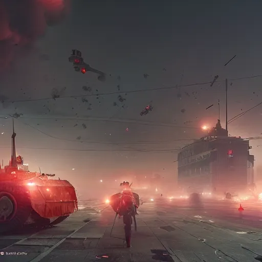 Image similar to Battle of Warsaw 2045, explosions, by Simon Stalenhag, 35mm film photography, eerie fog, imax film quality, octane render 8k trending on Artstation