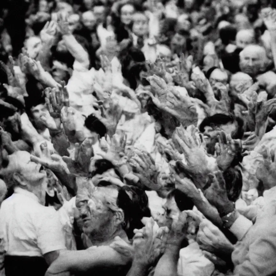 Prompt: 7 0 s movie still of an old man drowning in a soviet ballroom full of hands, cinestill 8 0 0 t 3 5 mm, heavy grain, high quality, high detail