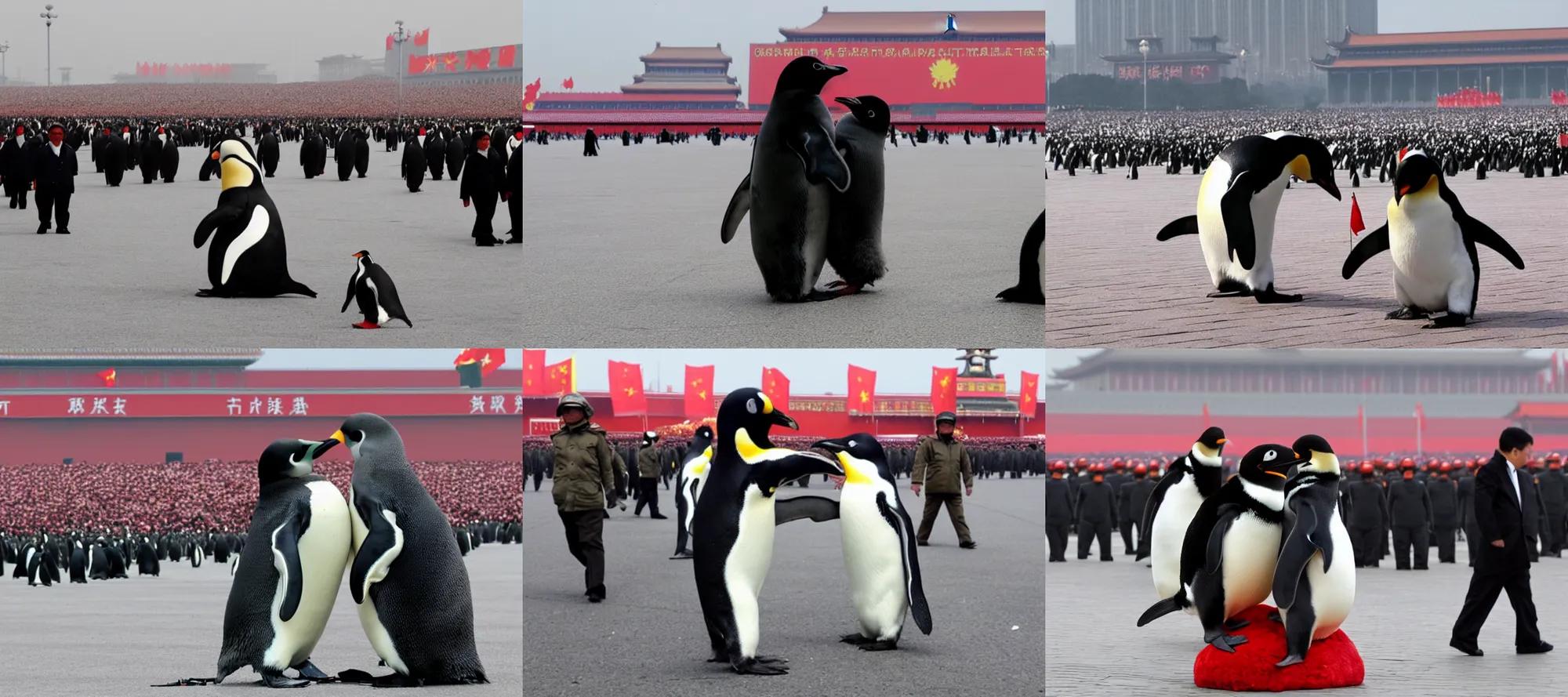 Prompt: A penguin furry hugging Xi Jinping on Tiananmen Square