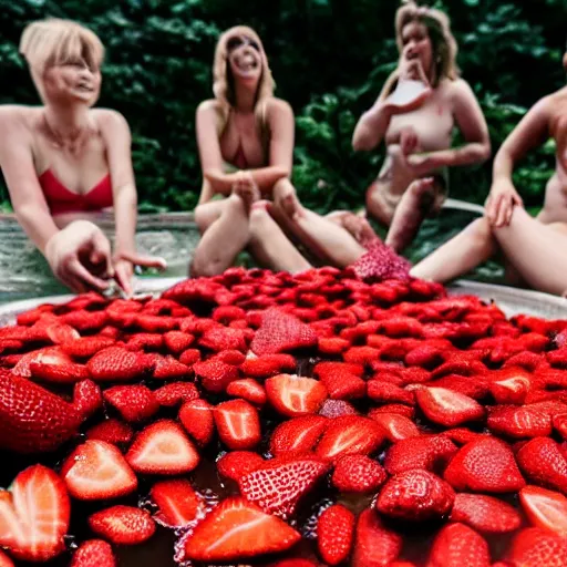 Image similar to women bathing in a bath full of strawberries, no water, only strawberries