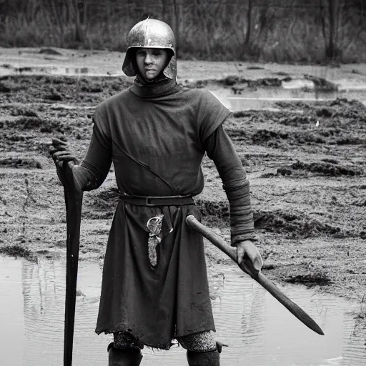 Image similar to Medieval squire with medieval clothes. Standing in the mud. Black & White photo.