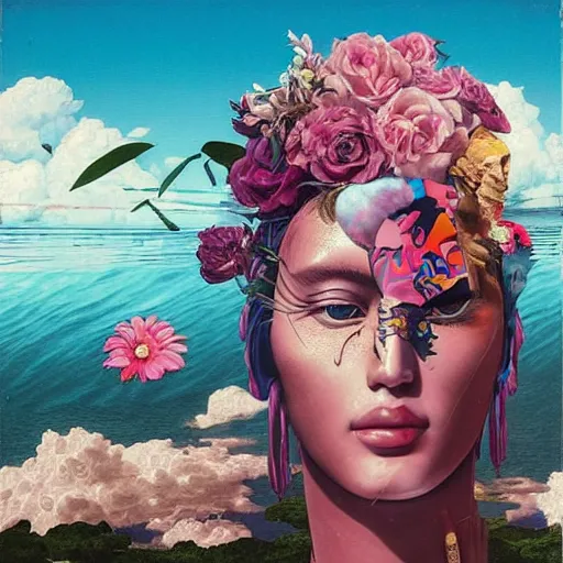 Image similar to Tristan Eaton & Greg Rutkowski, award winning masterpiece with incredible details, Zhang Kechun, a surreal vaporwave vaporwave vaporwave vaporwave vaporwave painting by Thomas Cole of an old pink mannequin head with flowers growing out, sinking underwater, highly detailed