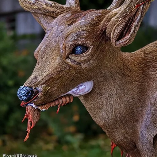 Prompt: hyperealistic sculpture of a monstrous deer with gore extruding from its body, body horror, living bodies, scary, disturbing, static noise, eerie, SCP Foundation, realistic creepypasta, found footage, living creature