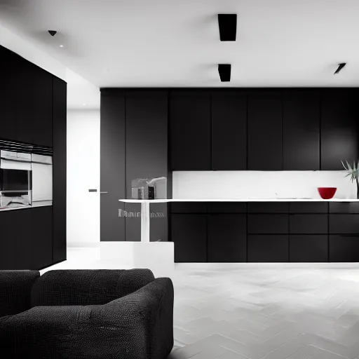 Prompt: photo of black, matte kitchen fronts surfaces and furniture, dark red walls at the back, white floor tiles on the ground, white ceiling, architecture, concept art