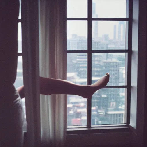 Image similar to woman with her feet on window of high rise condo. Raining outside. Cinestill 800t.