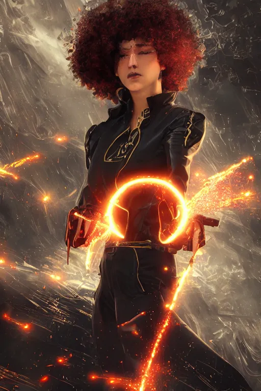 Image similar to A curly-haired girl in brown hair rushes into a black leather suit against the background of golden sparks, red mist, Anime, cyberpunk, gothic, dark fantasy, art, 4k,