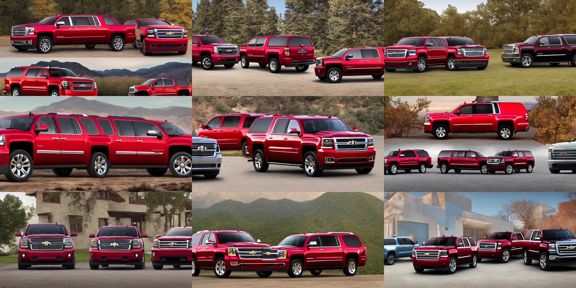 Image similar to A photograph of a red SUV designed from a 2014 Chevrolet Suburban and 2013 GMC Sierra