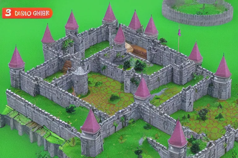 Prompt: 3 d medieval castle in a jungle with towers, 3 d, isometric, indie game