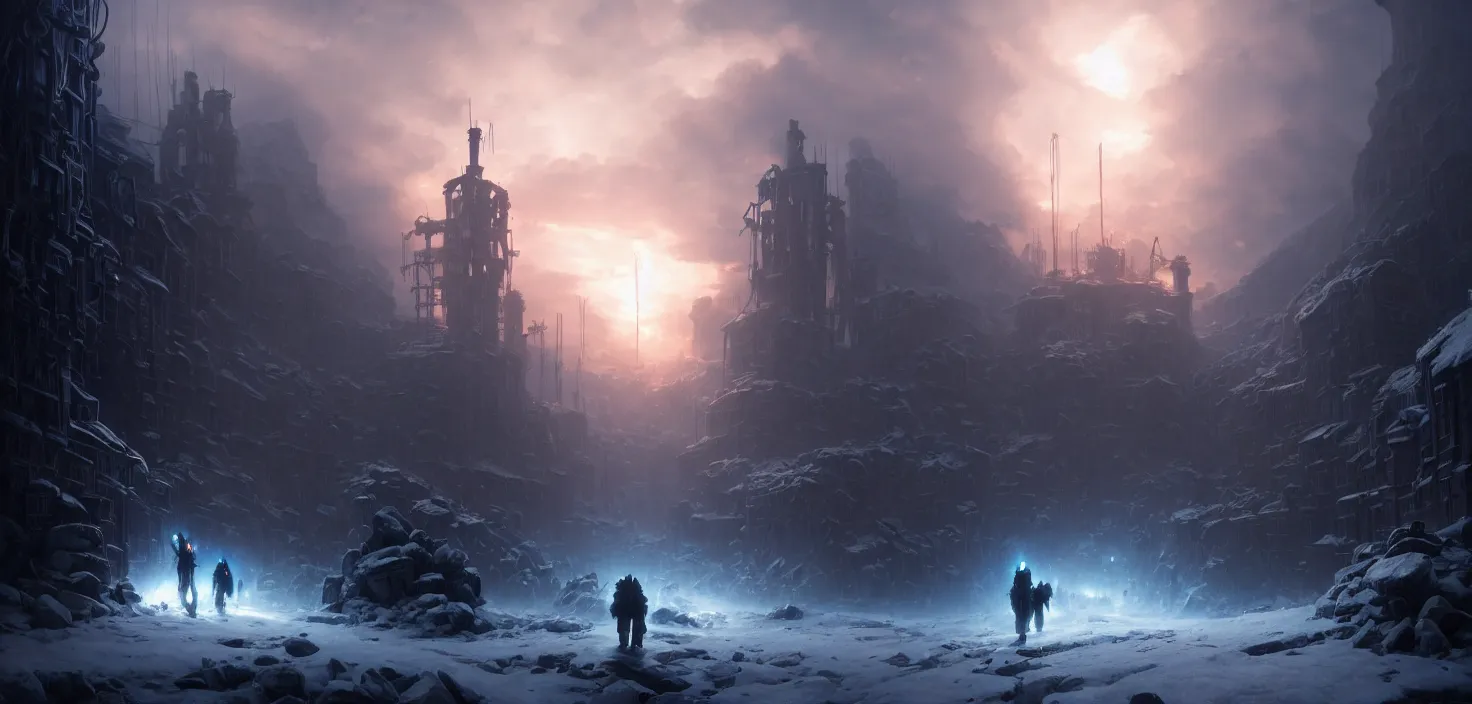 Prompt: frostpunk portal, cinematic view, epic sky, no people, detailed, concept art, high detail, warm lighting, volumetric, godrays, vivid, beautiful, trending on artstation, by jordan grimmer, huge scene, art greg rutkowski