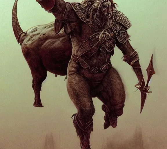 Prompt: bull headed warrior, minotaur concept art, beksinski, wayne barlowe, adrian smith fantasy art, the hobbit art, lord of the ring art, the witcher concept art, trending on artstation, game of throne art