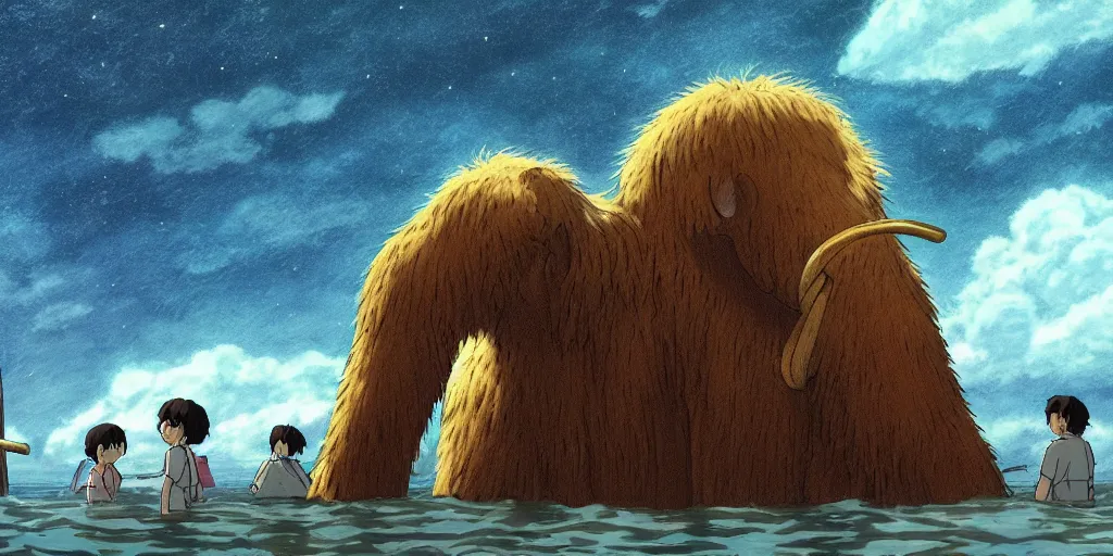 Prompt: a realistic cell - shaded studio ghibli concept art from paprika ( 2 0 0 6 ) of a giant wooly mammoth in a flooded easter island on a misty starry night. very dull colors, wide shot, hd, 4 k, hq