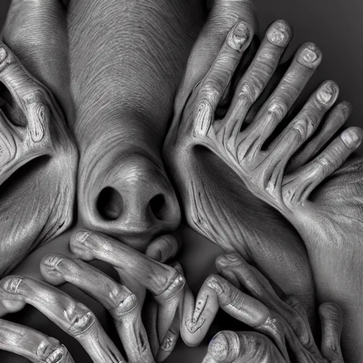 Image similar to faces coming out of a faces, fingers coming out of fingers, toe fingers, vanes and bones, hyperdetailed, intricate patters, octane render, 8 k