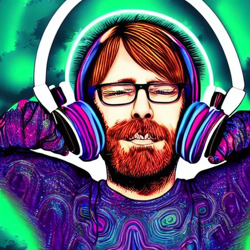 Image similar to artgerm, psychedelic trey anastasio, rocking out, headphones dj rave, digital artwork, r. crumb, svg vector