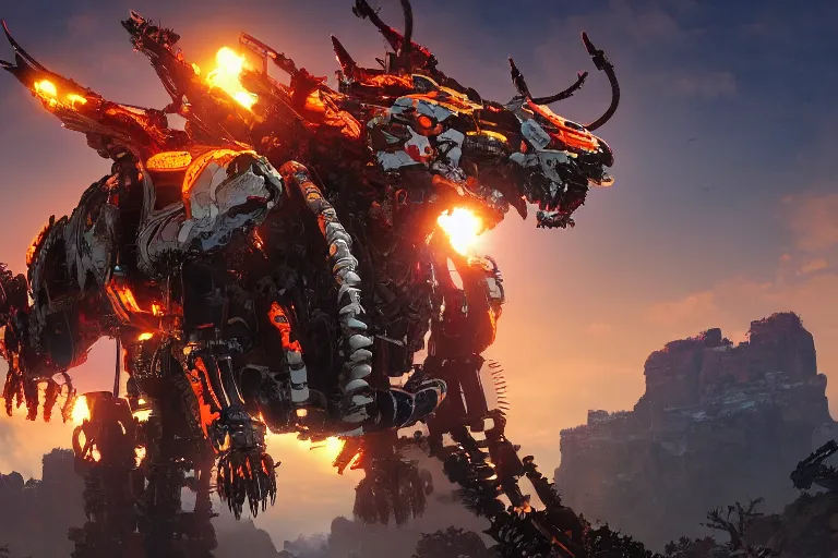 Image similar to fireclaw machine mecha animal beast robot of horizon forbidden west horizon zero dawn bioluminiscence global illumination ray tracing hdr fanart arstation by sung choi and eric pfeiffer and gabriel garza and casper konefal