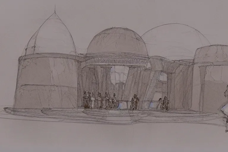 Prompt: desert palace concept sketch by joe johnston and nilo rodis - jamero and ralph mcquarrie and norman reynolds