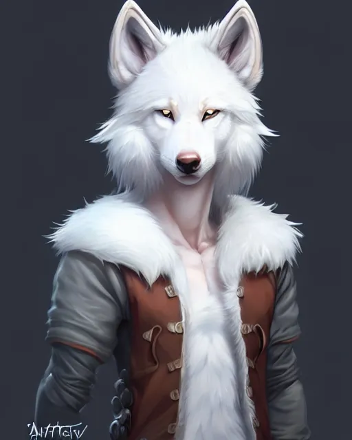 Image similar to character concept art of a cute young male anthropomorphic furry white wolf | | cute - fine - face, pretty face, key visual, realistic shaded perfect face, fine details by stanley artgerm lau, wlop, rossdraws, james jean, andrei riabovitchev, marc simonetti, and sakimichan, trending on artstation