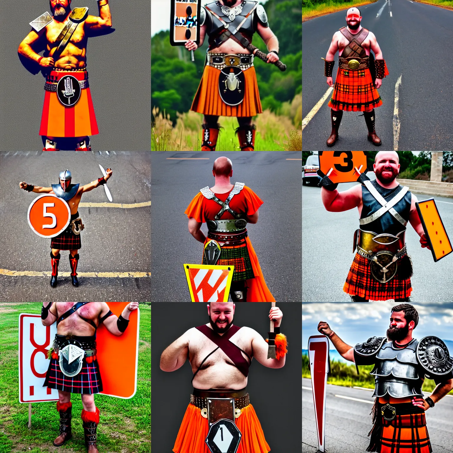 Prompt: gladiator wearing a road sign on his kilt, red and orange road sign armor