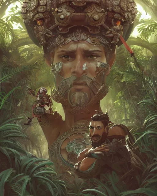 Image similar to a 3d render of a spanish conquistador wearing ornate armor with the face of karim benzema in a dense jungle, art by Peter mohrbacher and Dan mumford and studio ghibli, fantasy, intricate octane, trending on artstation, studio ghibli color scheme, detailed, 8k