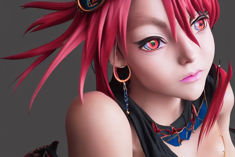 Image similar to character Lina Inverse from anime Slayers (1995 – 2009), rendered in Cinema 4D and Octane and Unreal Engine 5, hyperrealism, full body photogenic shot, digital render, cinematic lighting ornate earrings, 8k resolution, masterpiece work