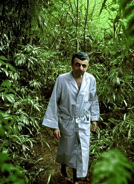 Image similar to award - winning national geographic telephoto photograph of rowan atkinson wandering through the jungle in a hospital gown. rowan appears visibly confused and lost