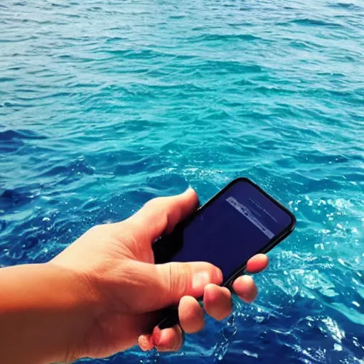 Image similar to hand holding a phone in the middle of the sea