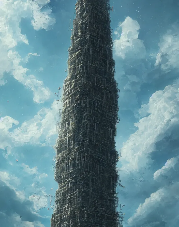 Image similar to painting of a tall tower that reaches beyond the clouds, intricate abstract. delicate artwork. by Tooth Wu, wlop, beeple, dan mumford. octane render, trending on artstation, greg rutkowski very coherent symmetrical artwork. cinematic, hyper realism, high detail, octane render, 8k, depth of field, bokeh. chrome accents.