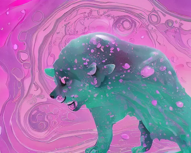 Prompt: falling jade cub with patterned sides falling melting to pieces on abstract pink and purple cloud background, illustration by ( kieran yanner ) ( miranda meeks ) ( anna podedworna ) ( cristi balanescu ), digital art