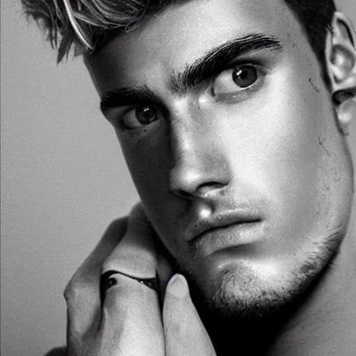 Image similar to “ a realistic detailed photo of a guy who is an attractive humanoid who is half robot and half humanoid, who is a male android, soccer player antoine griezmann, shiny skin, posing like a statue, blank stare, on the bed, on display ”