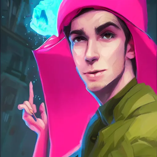 Image similar to a hot pink tiefling with a tinfoil hat, rat on his shoulder, young man, green eyes, horns, exasperated, character art, full body art, dungeons and dragons, d & d, trending on artstation, artgerm, 4 k ultra hd, sharp focus, digital art by ilya kuvshinov and ross tran