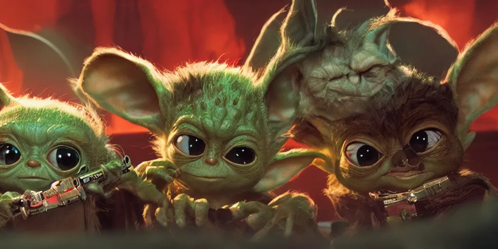 Image similar to Gremlins movie, the gremlins are high and hanging out with baby yoda at the club, Greg Rutkowski, Darek Zabrocki, Karlkka, Jayison Devadas, Phuoc Quan, trending on Artstation, 8K, ultra wide angle, pincushion lens effect.